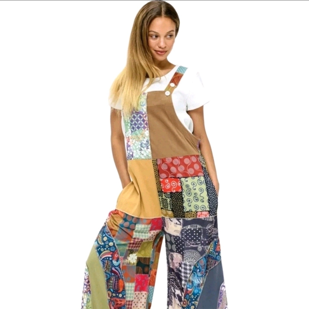 NWT Yak & Yeti Boho Patchwork Adjustable Colorblock Knit Overall Jumper Sz. S/M
